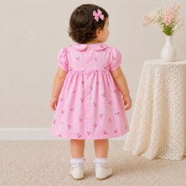 Baby Girl Pink Cotton Dress with Cherry Print, Peter Pan Collar & Puff Sleeves