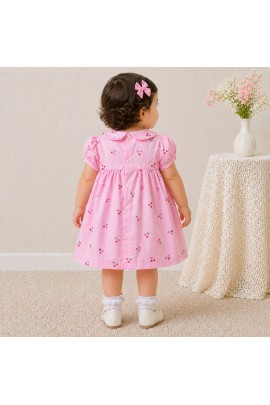 Baby Girl Pink Cotton Dress with Cherry Print, Peter Pan Collar & Puff Sleeves