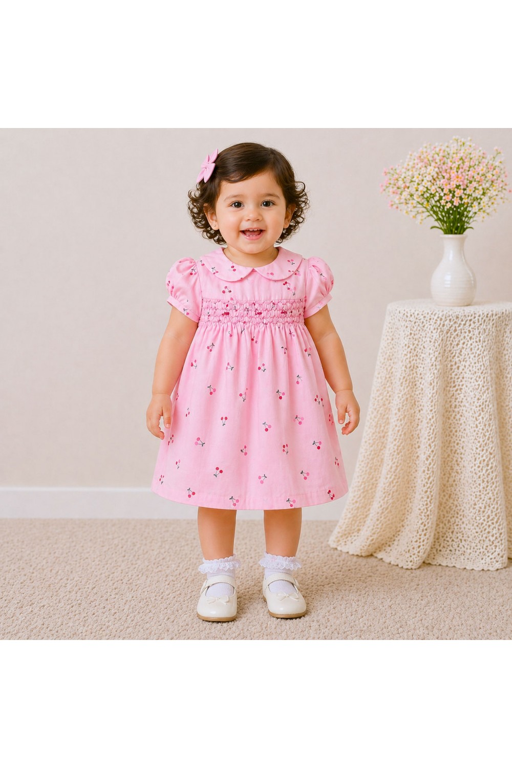 Baby Girl Pink Cotton Dress with Cherry Print, Peter Pan Collar & Puff Sleeves