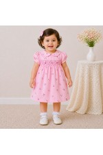 Baby Girl Pink Cotton Dress with Cherry Print, Peter Pan Collar & Puff Sleeves
