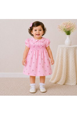 Baby Girl Pink Cotton Dress with Cherry Print, Peter Pan Collar & Puff Sleeves