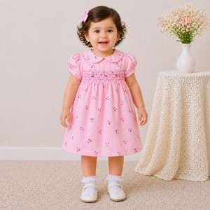 Baby Girl Pink Cotton Dress with Cherry Print, Peter Pan Collar & Puff Sleeves