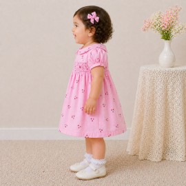 Baby Girl Pink Cotton Dress with Cherry Print, Peter Pan Collar & Puff Sleeves