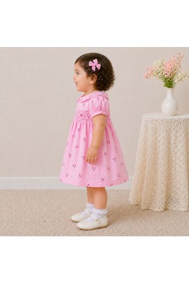 Baby Girl Pink Cotton Dress with Cherry Print, Peter Pan Collar & Puff Sleeves