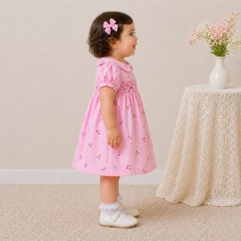 Baby Girl Pink Cotton Dress with Cherry Print, Peter Pan Collar & Puff Sleeves