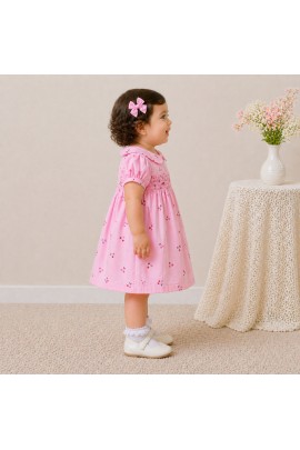 Baby Girl Pink Cotton Dress with Cherry Print, Peter Pan Collar & Puff Sleeves