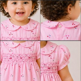 Baby Girl Pink Cotton Dress with Cherry Print, Peter Pan Collar & Puff Sleeves