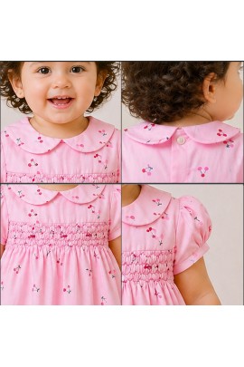 Baby Girl Pink Cotton Dress with Cherry Print, Peter Pan Collar & Puff Sleeves