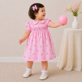 Baby Girl Pink Cotton Dress with Cherry Print, Peter Pan Collar & Puff Sleeves