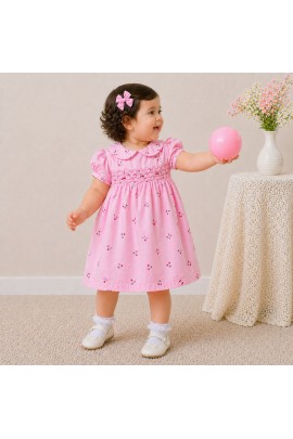 Baby Girl Pink Cotton Dress with Cherry Print, Peter Pan Collar & Puff Sleeves