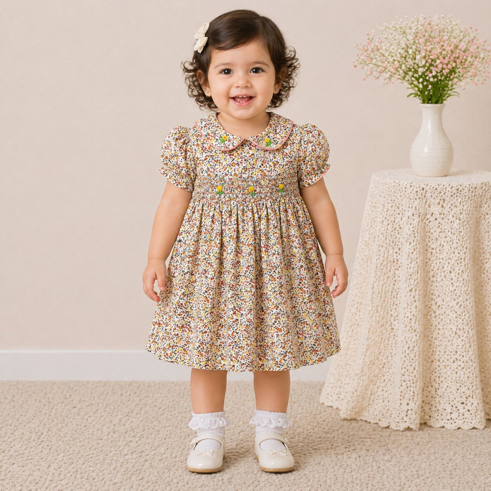Baby Girl Floral Cotton Dress with Peter Pan Collar & Smocked Bodice (Multicolor)