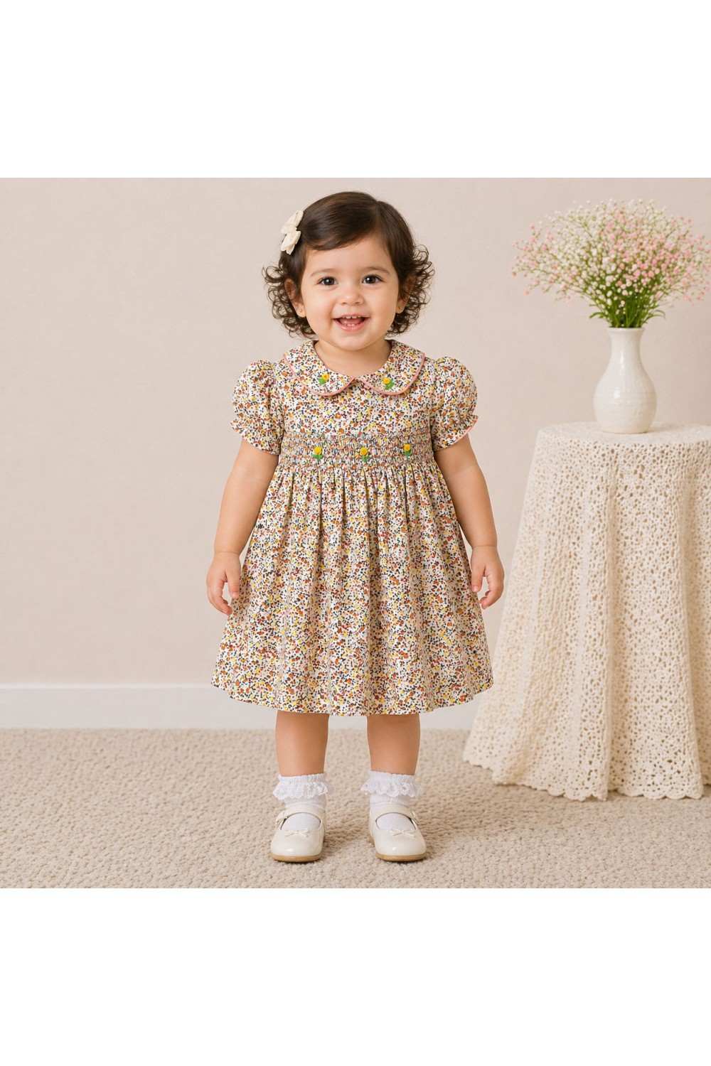 Baby Girl Floral Cotton Dress with Peter Pan Collar & Smocked Bodice (Multicolor)