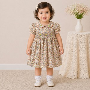 Baby Girl Floral Cotton Dress with Peter Pan Collar & Smocked Bodice (Multicolor)