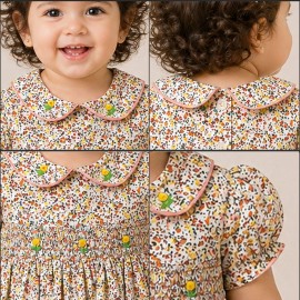 Baby Girl Floral Cotton Dress with Peter Pan Collar & Smocked Bodice (Multicolor)