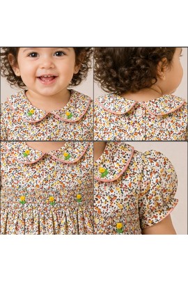 Baby Girl Floral Cotton Dress with Peter Pan Collar & Smocked Bodice (Multicolor)