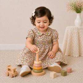 Baby Girl Floral Cotton Dress with Peter Pan Collar & Smocked Bodice (Multicolor)