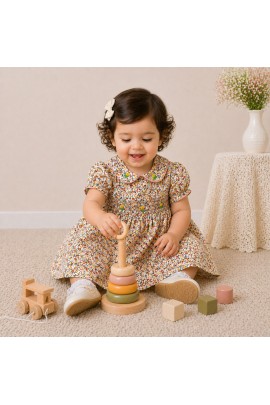 Baby Girl Floral Cotton Dress with Peter Pan Collar & Smocked Bodice (Multicolor)