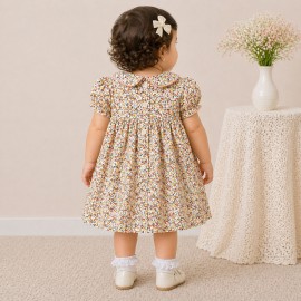 Baby Girl Floral Cotton Dress with Peter Pan Collar & Smocked Bodice (Multicolor)