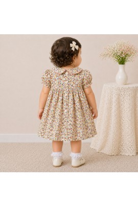 Baby Girl Floral Cotton Dress with Peter Pan Collar & Smocked Bodice (Multicolor)