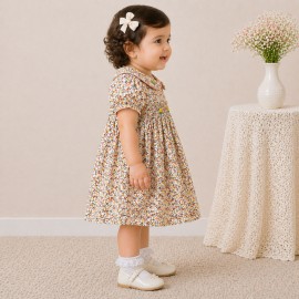 Baby Girl Floral Cotton Dress with Peter Pan Collar & Smocked Bodice (Multicolor)