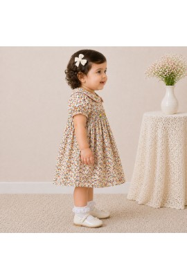 Baby Girl Floral Cotton Dress with Peter Pan Collar & Smocked Bodice (Multicolor)