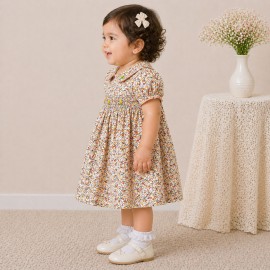 Baby Girl Floral Cotton Dress with Peter Pan Collar & Smocked Bodice (Multicolor)