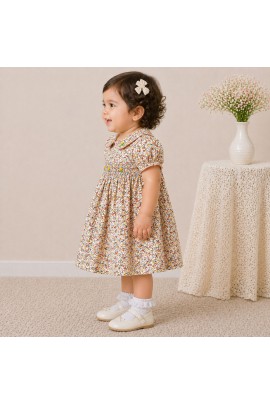Baby Girl Floral Cotton Dress with Peter Pan Collar & Smocked Bodice (Multicolor)