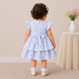 Baby Girl Blue Striped Cotton Dress with Ruffle Sleeves & Layered Skirt