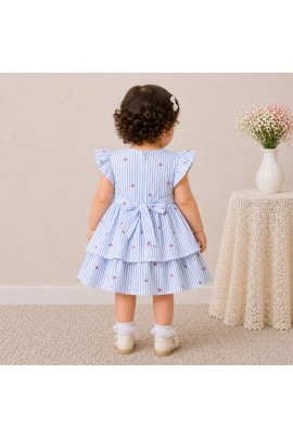 Baby Girl Blue Striped Cotton Dress with Ruffle Sleeves & Layered Skirt