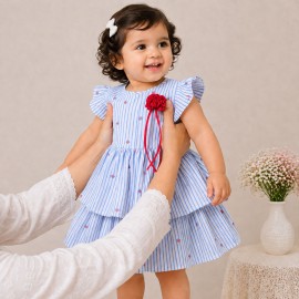 Baby Girl Blue Striped Cotton Dress with Ruffle Sleeves & Layered Skirt