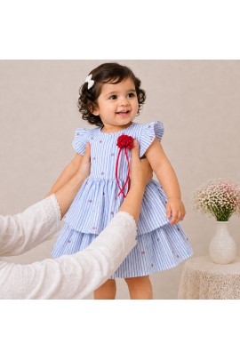 Baby Girl Blue Striped Cotton Dress with Ruffle Sleeves & Layered Skirt