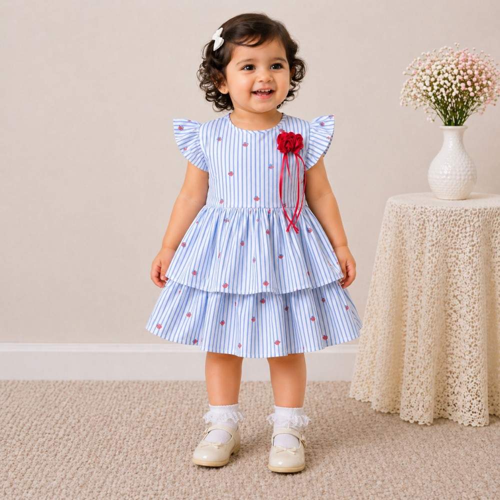 Baby Girl Blue Striped Cotton Dress with Ruffle Sleeves & Layered Skirt