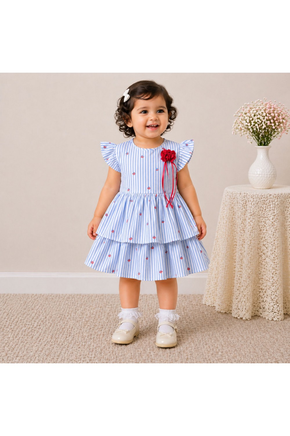 Baby Girl Blue Striped Cotton Dress with Ruffle Sleeves & Layered Skirt