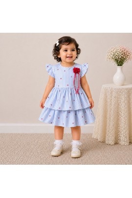 Baby Girl Blue Striped Cotton Dress with Ruffle Sleeves & Layered Skirt