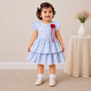 Baby Girl Blue Striped Cotton Dress with Ruffle Sleeves & Layered Skirt