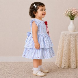 Baby Girl Blue Striped Cotton Dress with Ruffle Sleeves & Layered Skirt