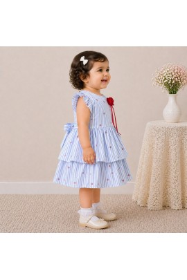 Baby Girl Blue Striped Cotton Dress with Ruffle Sleeves & Layered Skirt
