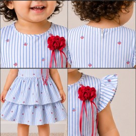 Baby Girl Blue Striped Cotton Dress with Ruffle Sleeves & Layered Skirt