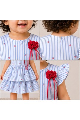 Baby Girl Blue Striped Cotton Dress with Ruffle Sleeves & Layered Skirt