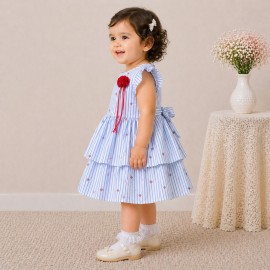 Baby Girl Blue Striped Cotton Dress with Ruffle Sleeves & Layered Skirt