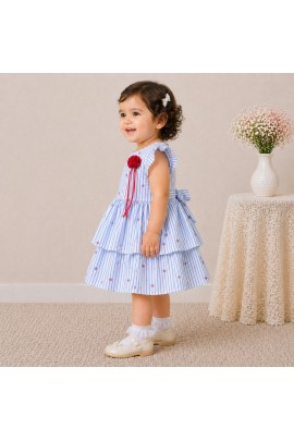 Baby Girl Blue Striped Cotton Dress with Ruffle Sleeves & Layered Skirt