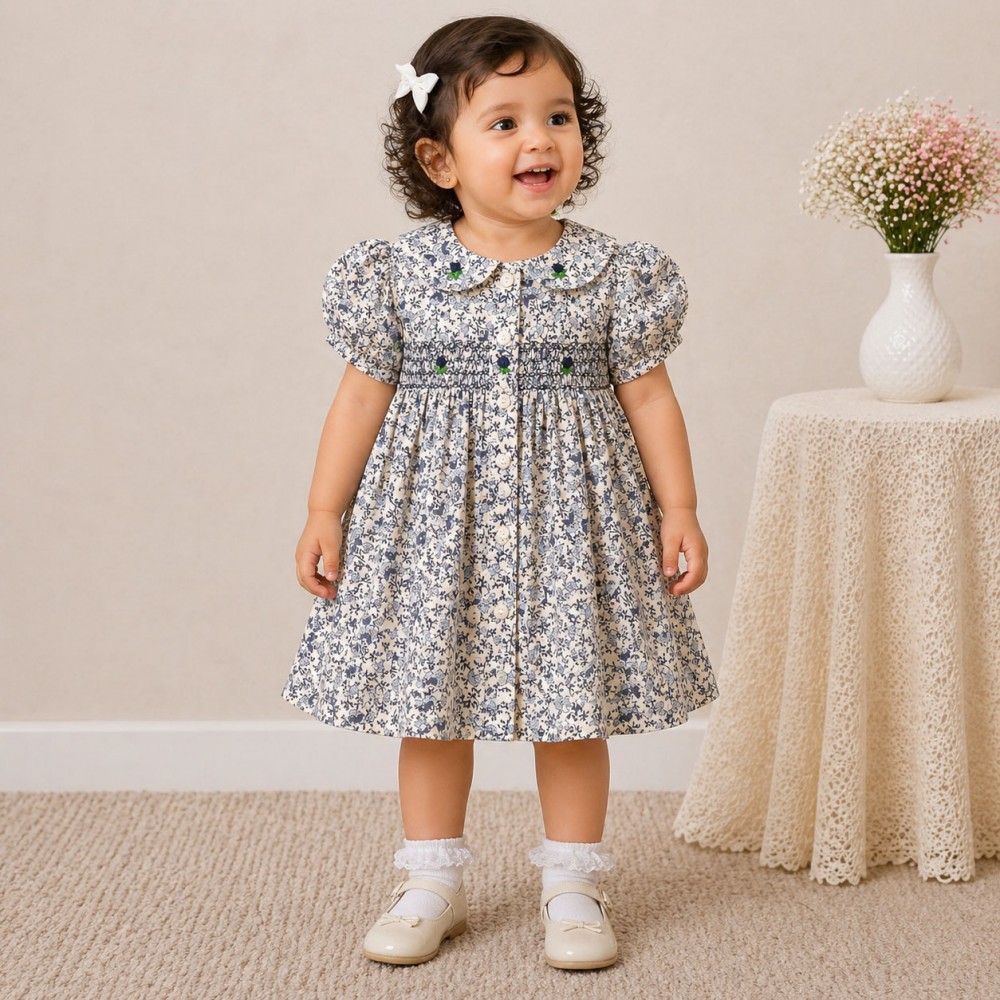 Baby Girl Blue Floral Cotton Dress with Peter Pan Collar & Smocked Bodice