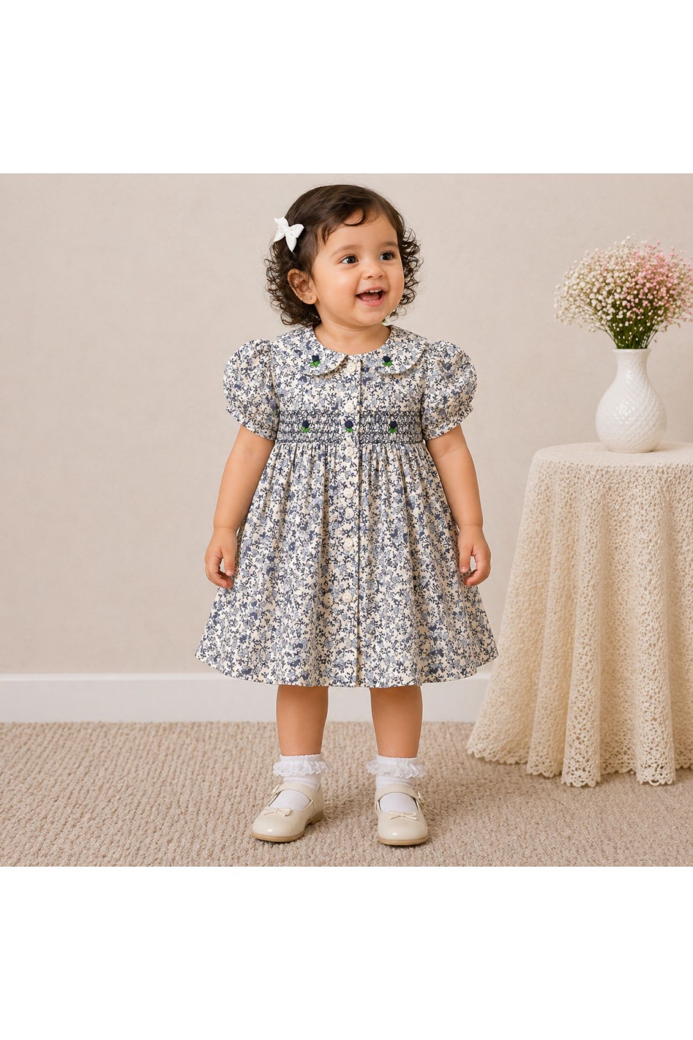 Baby Girl Blue Floral Cotton Dress with Peter Pan Collar & Smocked Bodice