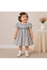 Baby Girl Blue Floral Cotton Dress with Peter Pan Collar & Smocked Bodice