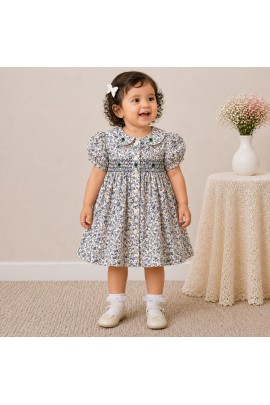 Baby Girl Blue Floral Cotton Dress with Peter Pan Collar & Smocked Bodice