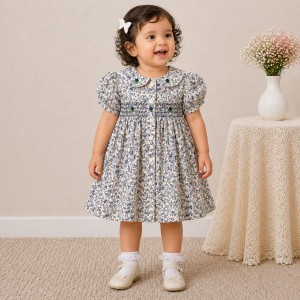 Baby Girl Blue Floral Cotton Dress with Peter Pan Collar & Smocked Bodice