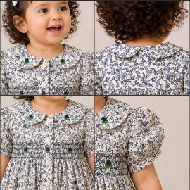 Baby Girl Blue Floral Cotton Dress with Peter Pan Collar & Smocked Bodice
