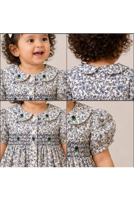 Baby Girl Blue Floral Cotton Dress with Peter Pan Collar & Smocked Bodice
