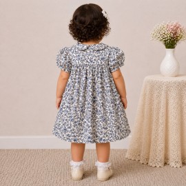 Baby Girl Blue Floral Cotton Dress with Peter Pan Collar & Smocked Bodice