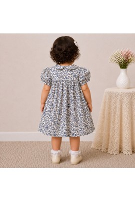 Baby Girl Blue Floral Cotton Dress with Peter Pan Collar & Smocked Bodice